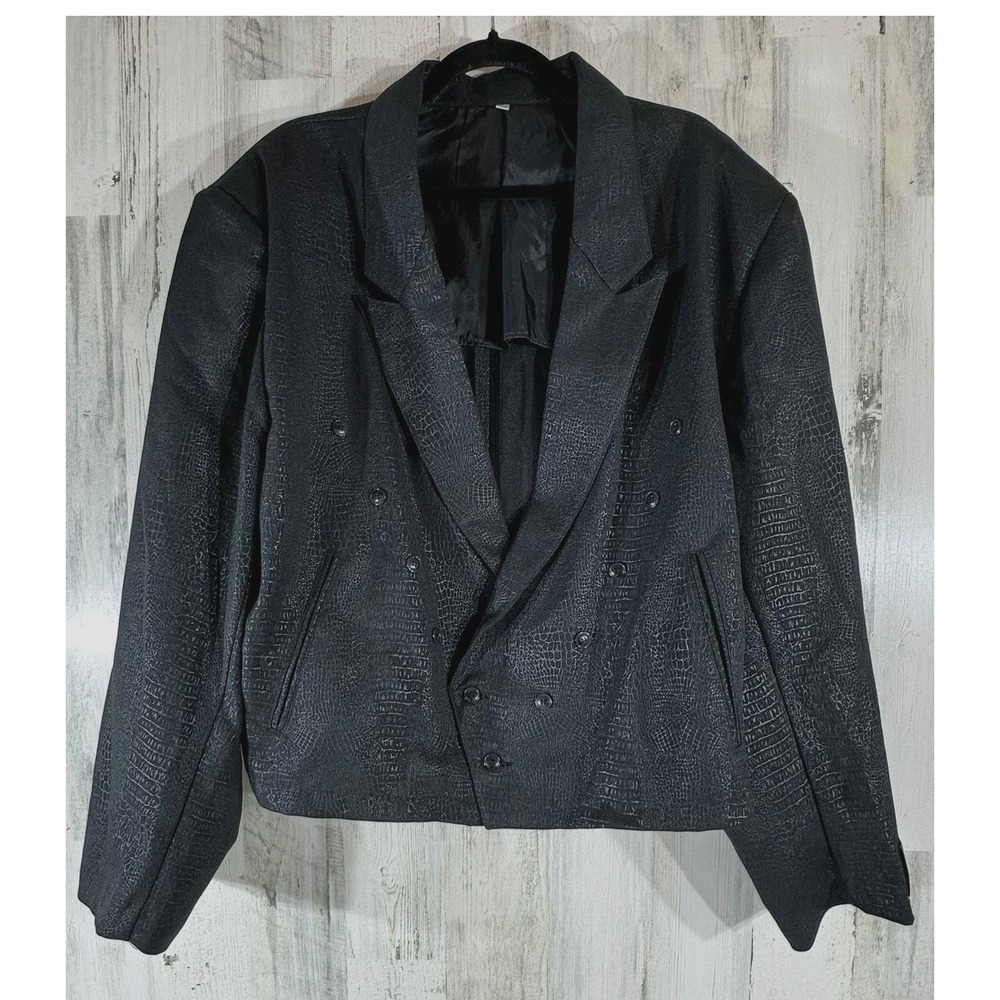 Billion Bay Blazer Jacket XL Black Faux Croc Pattern Double Breasted Vintage 80s